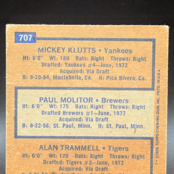 1978 Topps #707 Rookie Shortstops w/ Paul Molitor Alan Trammell RC HOF Brewers - Picture 7 of 8